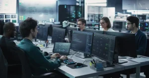 556309-0-55620800-1746596118-shutterstock_2287185545 - A DataRoad - A DataRoad Team of engineers coding at desks with multiple monitors in a server room by dim blue lighting in the background.