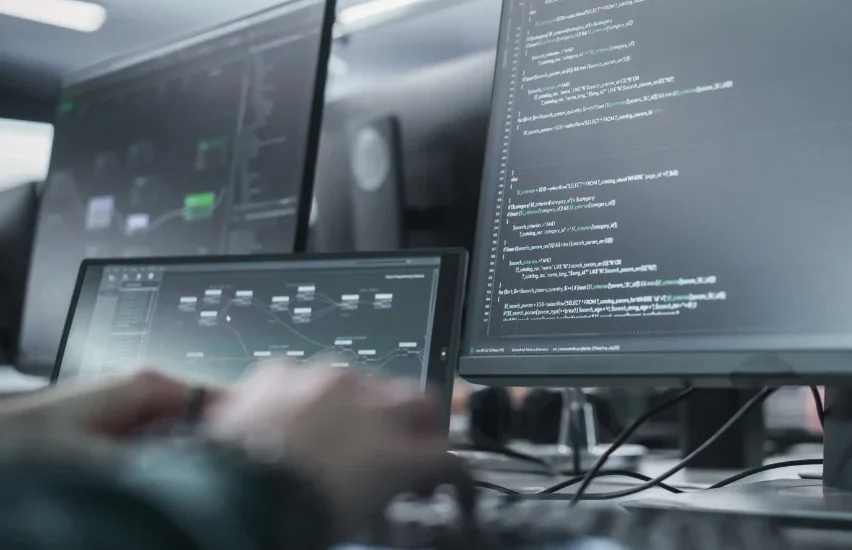 Software developers coding at desks with multiple monitors displaying code and dashboards.