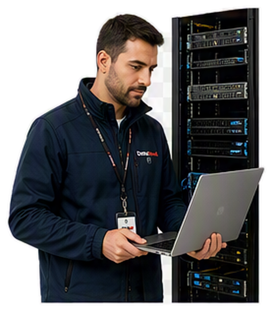 Un technicien informatique se tient à côté d'un rack de serveurs et utilise un ordinateur portable pour inspecter le matériel.