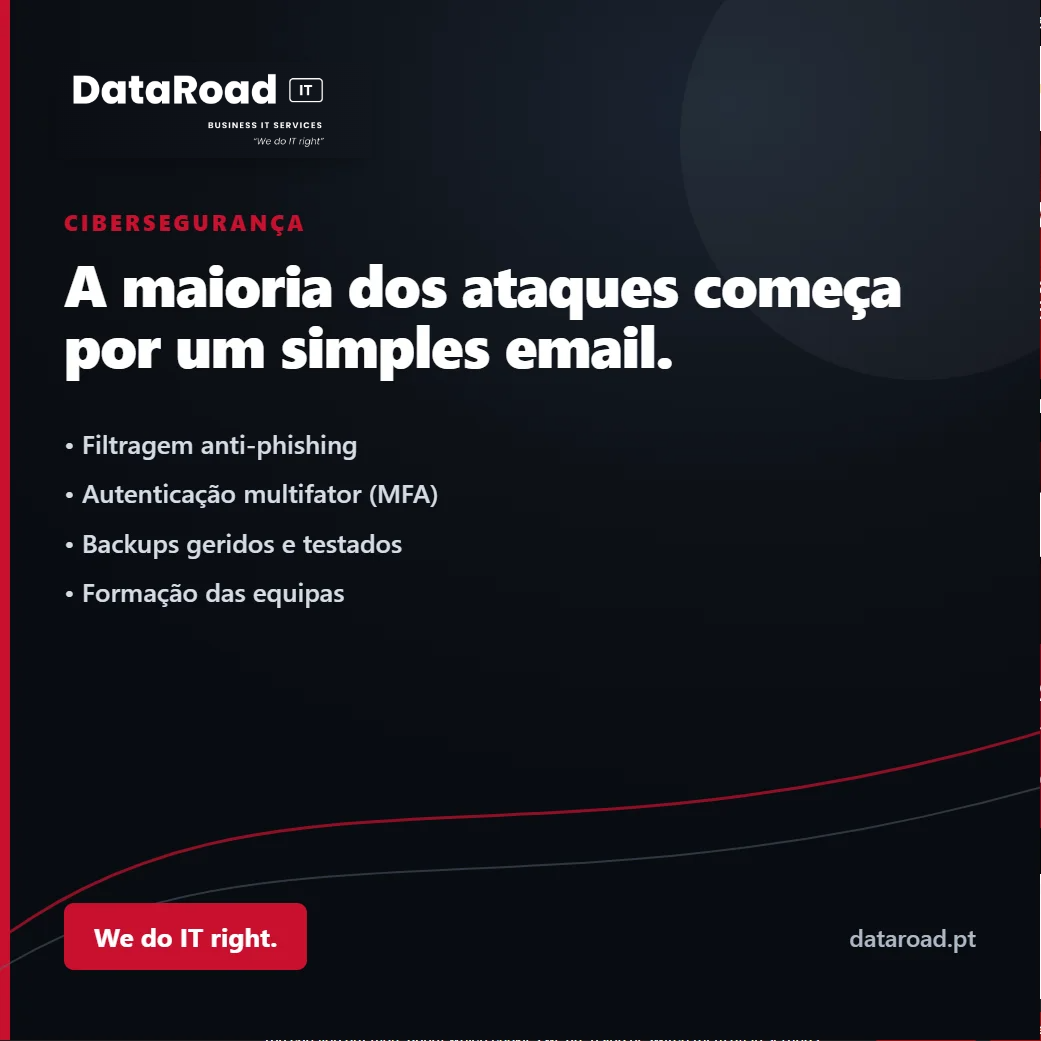 A dark cybersecurity banner featuring the DataRoad IT logo, a Portuguese headline about attacks that begin with an email, and bullet points: anti-phishing filtering, MFA authentication, managed and tested backups, and staff training.