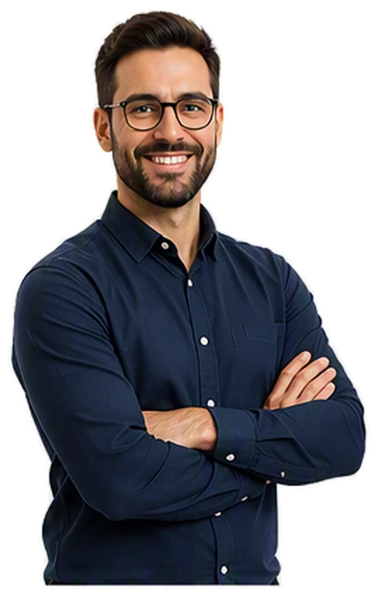 Homme souriant avec des lunettes dans une chemise boutonnée bleu marine, les bras croisés.