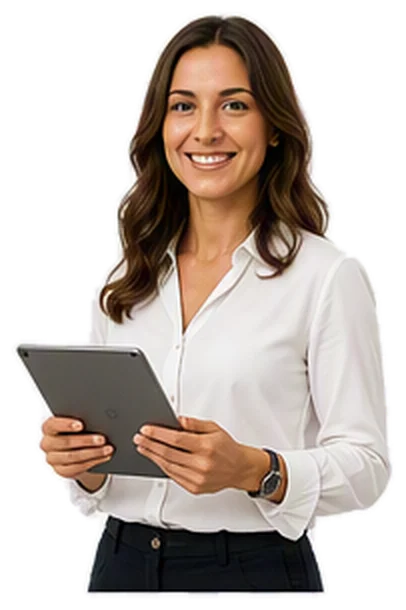 Mujer sonriente con una blusa blanca sosteniendo una computadora tableta, mirando a la cámara.