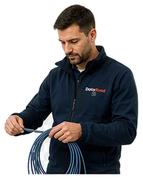 A technician in a navy jacket, winding up blue network cables