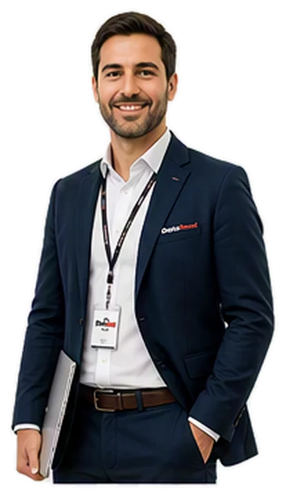 A smiling man in a navy suit, wearing an ID badge on a lanyard, standing with one hand in his pocket.